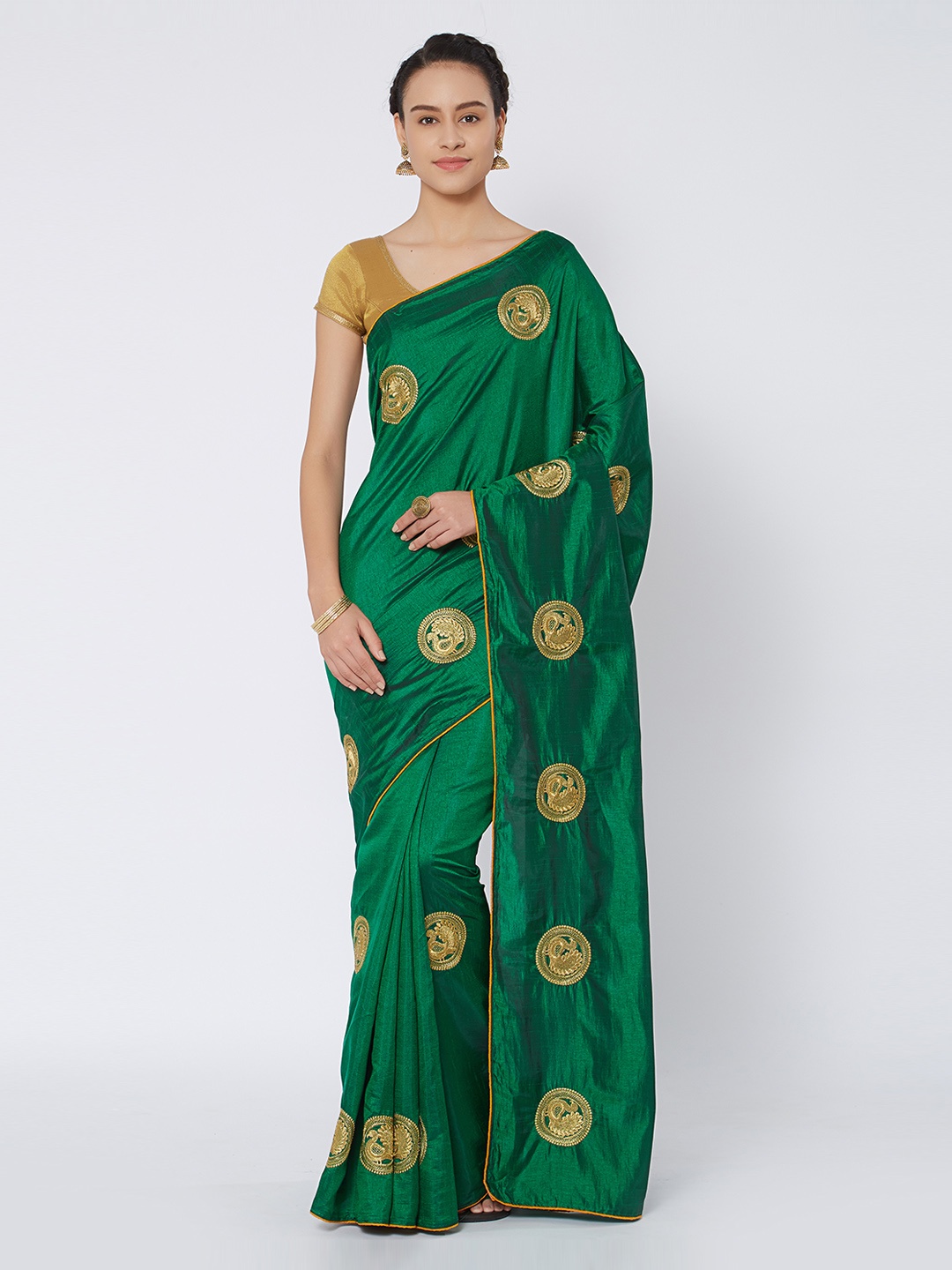 

Kvsfab Green & Yellow Silk Cotton Embroidered Saree