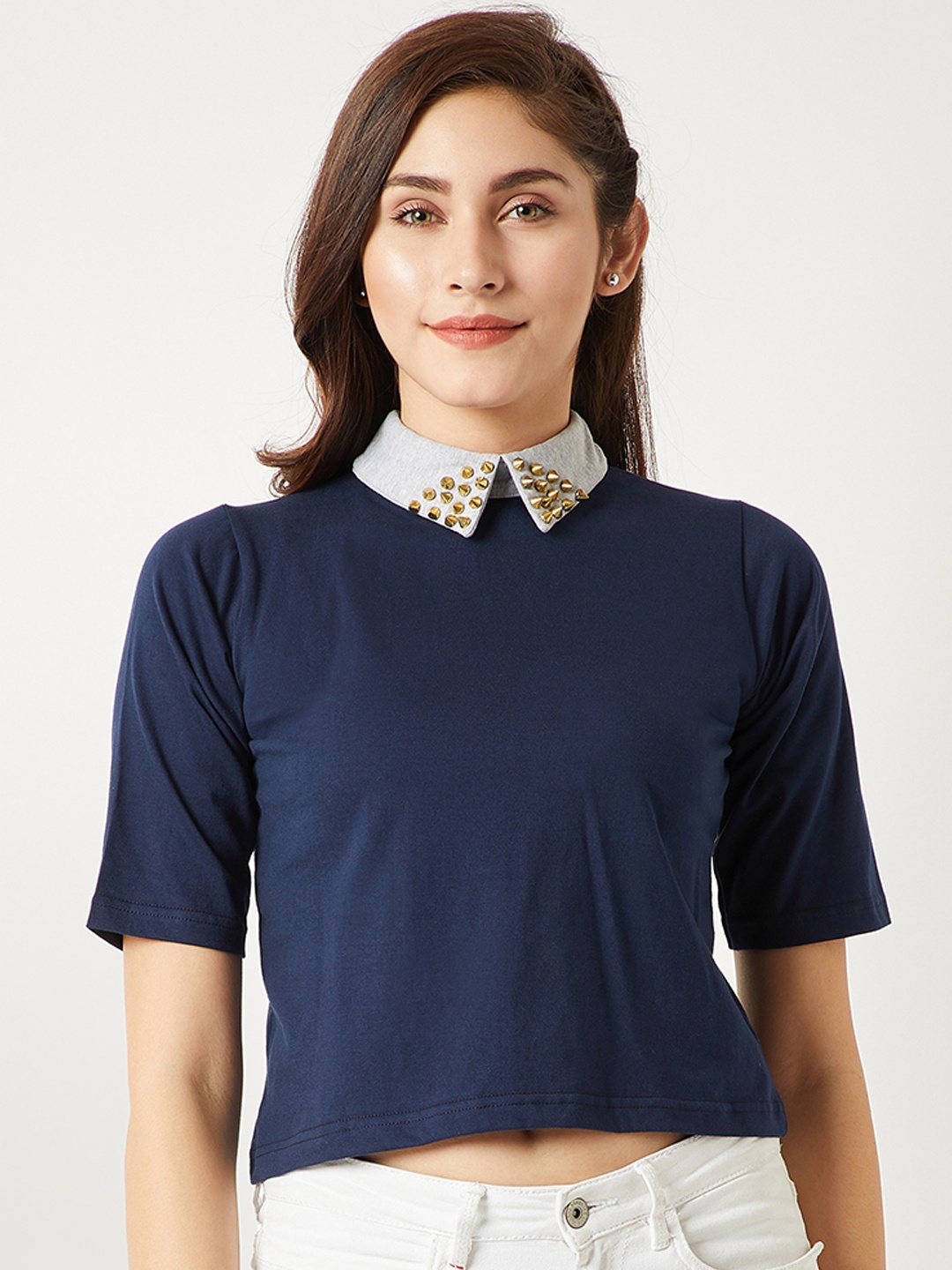 

Miss Chase Women Navy Blue Solid Crop Top
