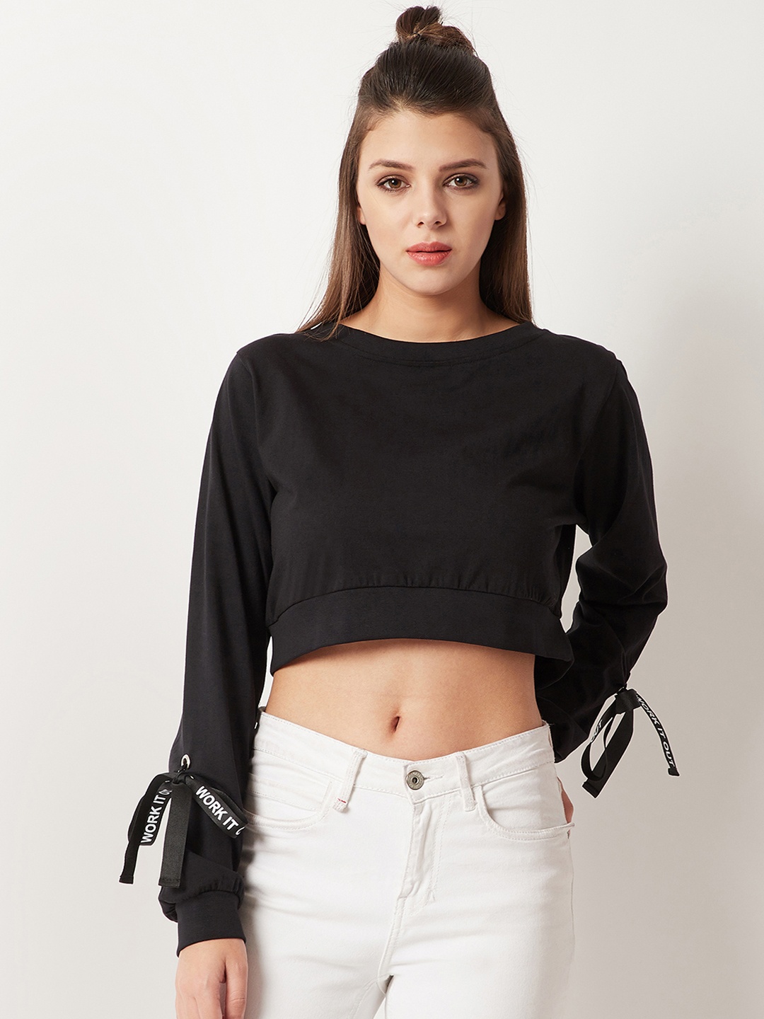 

Miss Chase Women Black Solid Crop Pure Cotton Top