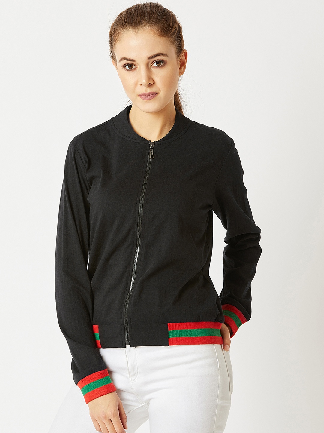 

Miss Chase Women Black Solid Lightweight Bomber