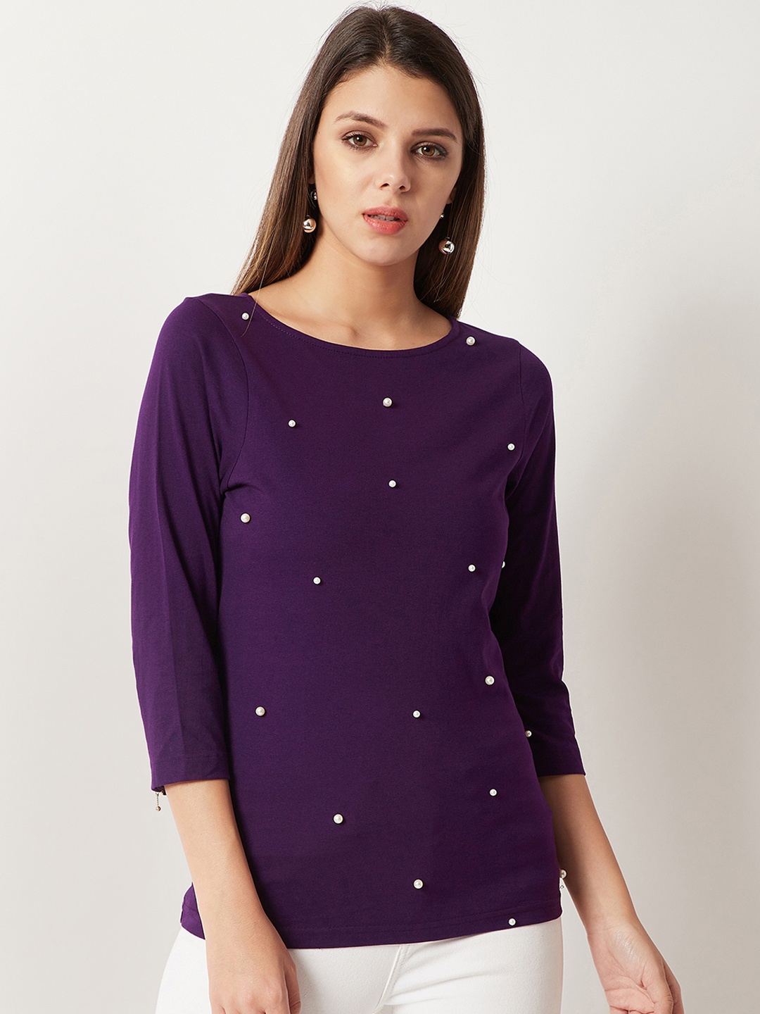 

Miss Chase Women Purple Solid Pure Cotton Top