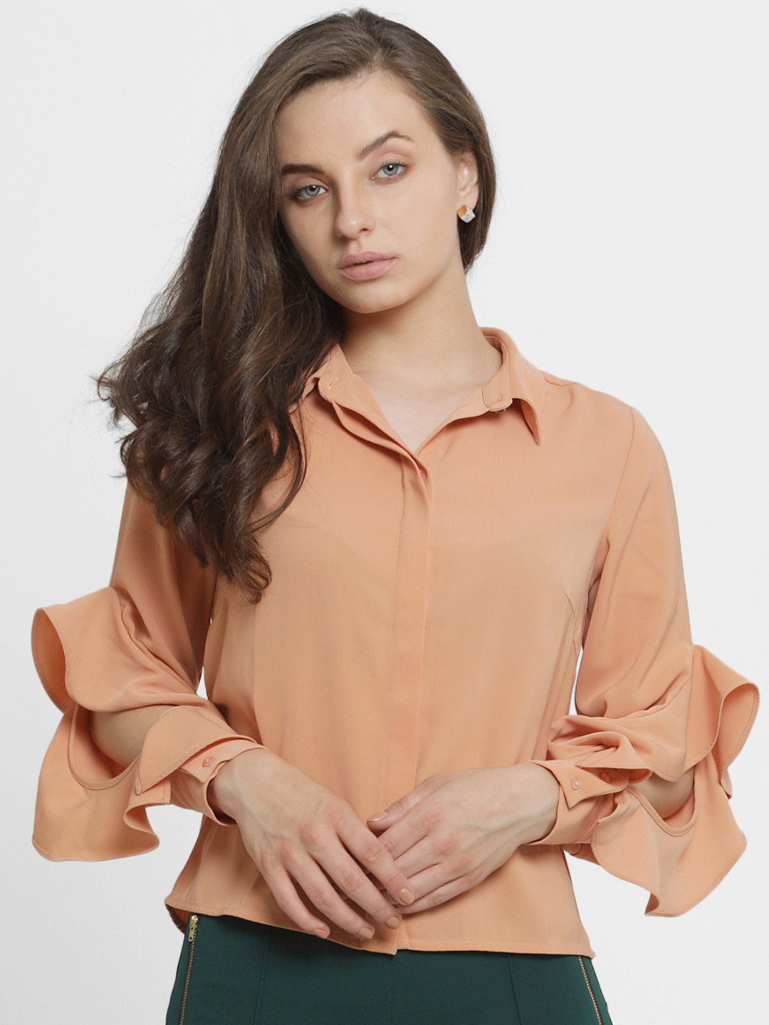 

Kazo Women Peach-Coloured Regular Fit Solid Casual Shirt