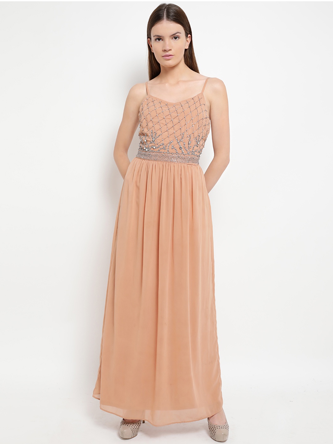 

Kazo Women Peach-Coloured Embellished Maxi Dress