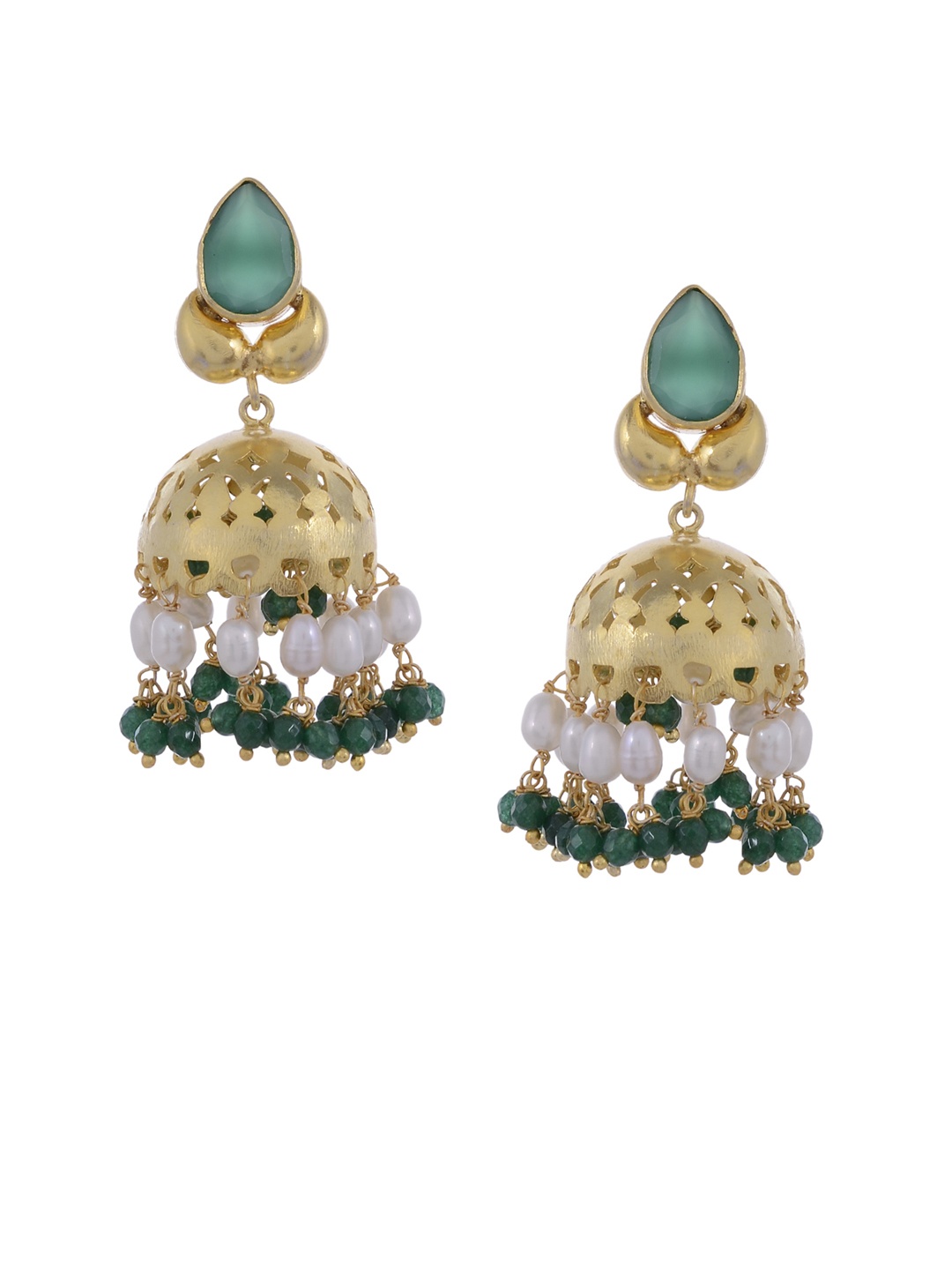 

Silvermerc Designs Gold-Toned & Green Dome Shaped Jhumkas