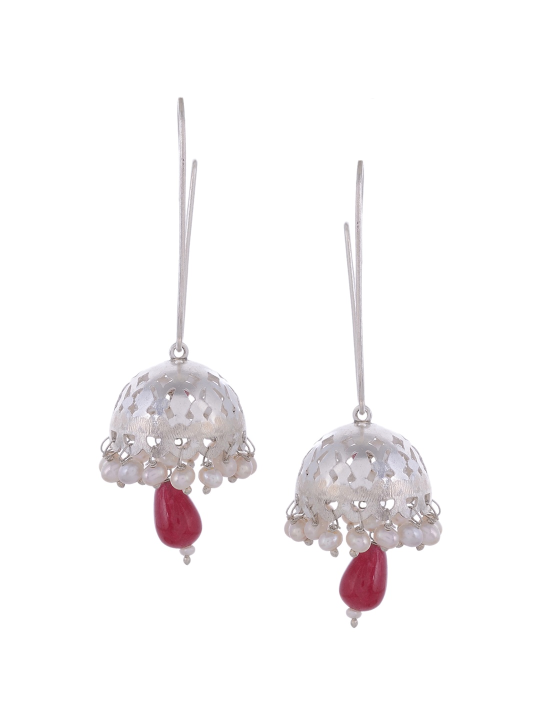 

Silvermerc Designs Silver-Toned & Red Circular Jhumkas