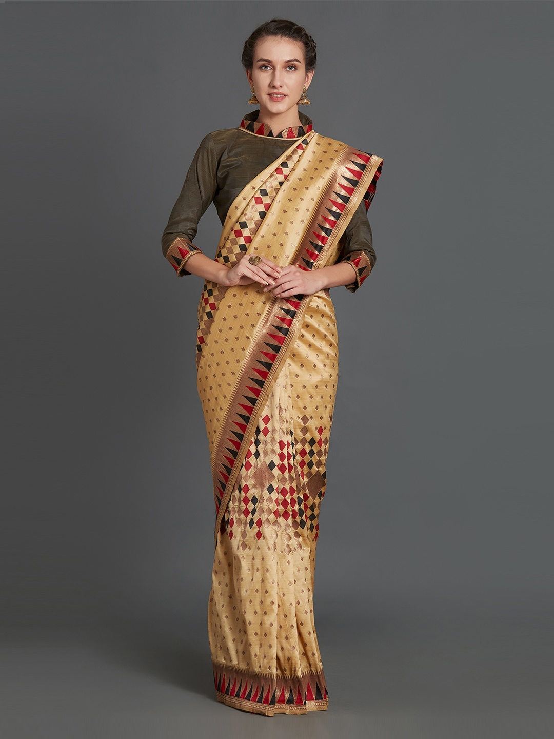 

Mitera Beige Silk Blend Woven Design Kanjeevaram Saree