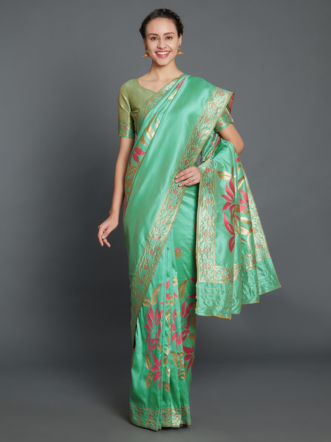 

Mitera Sea Green Silk Blend Woven Design Kanjeevaram Saree