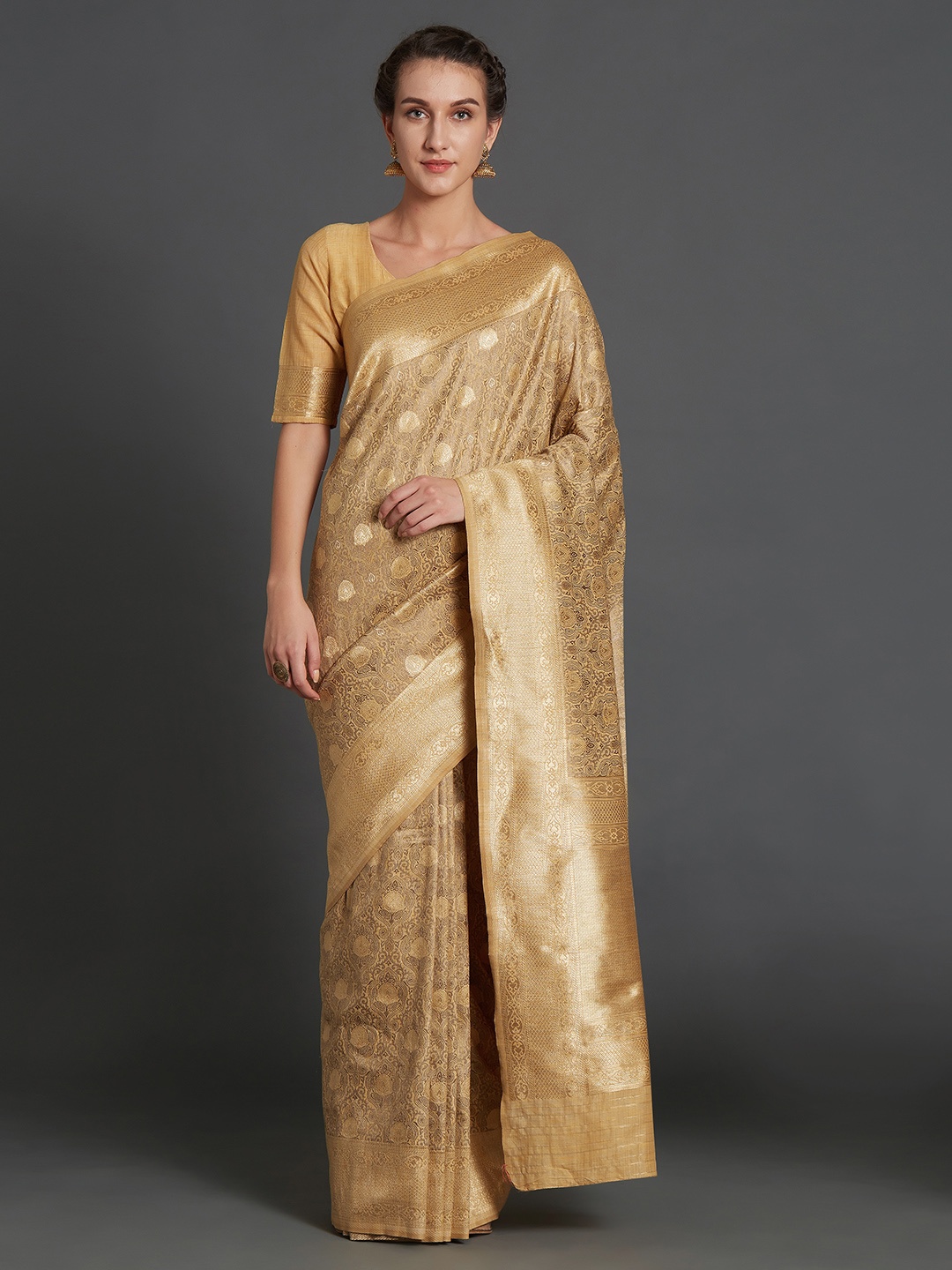 

Mitera Beige Silk Blend Woven Design Kanjeevaram Saree