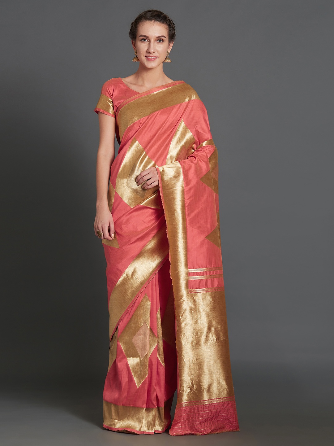 

Mitera Peach-Coloured Silk Blend Woven Design Kanjeevaram Saree