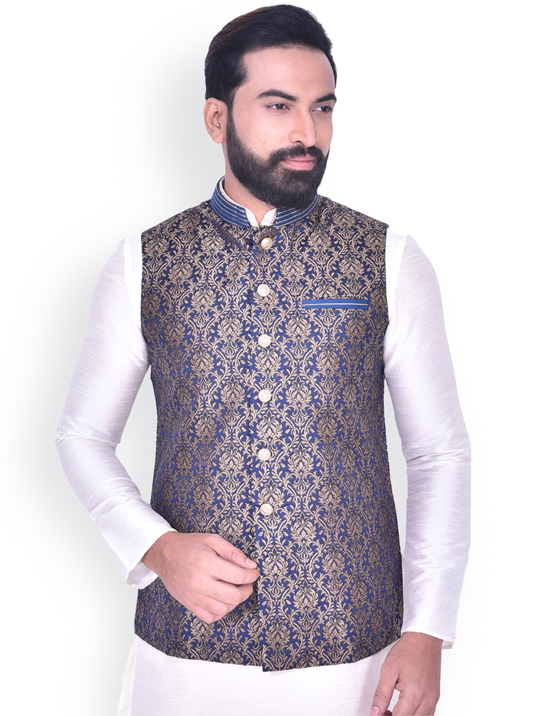 

Manyavar Men Blue & Gold-Coloured Woven Design Nehru Jacket