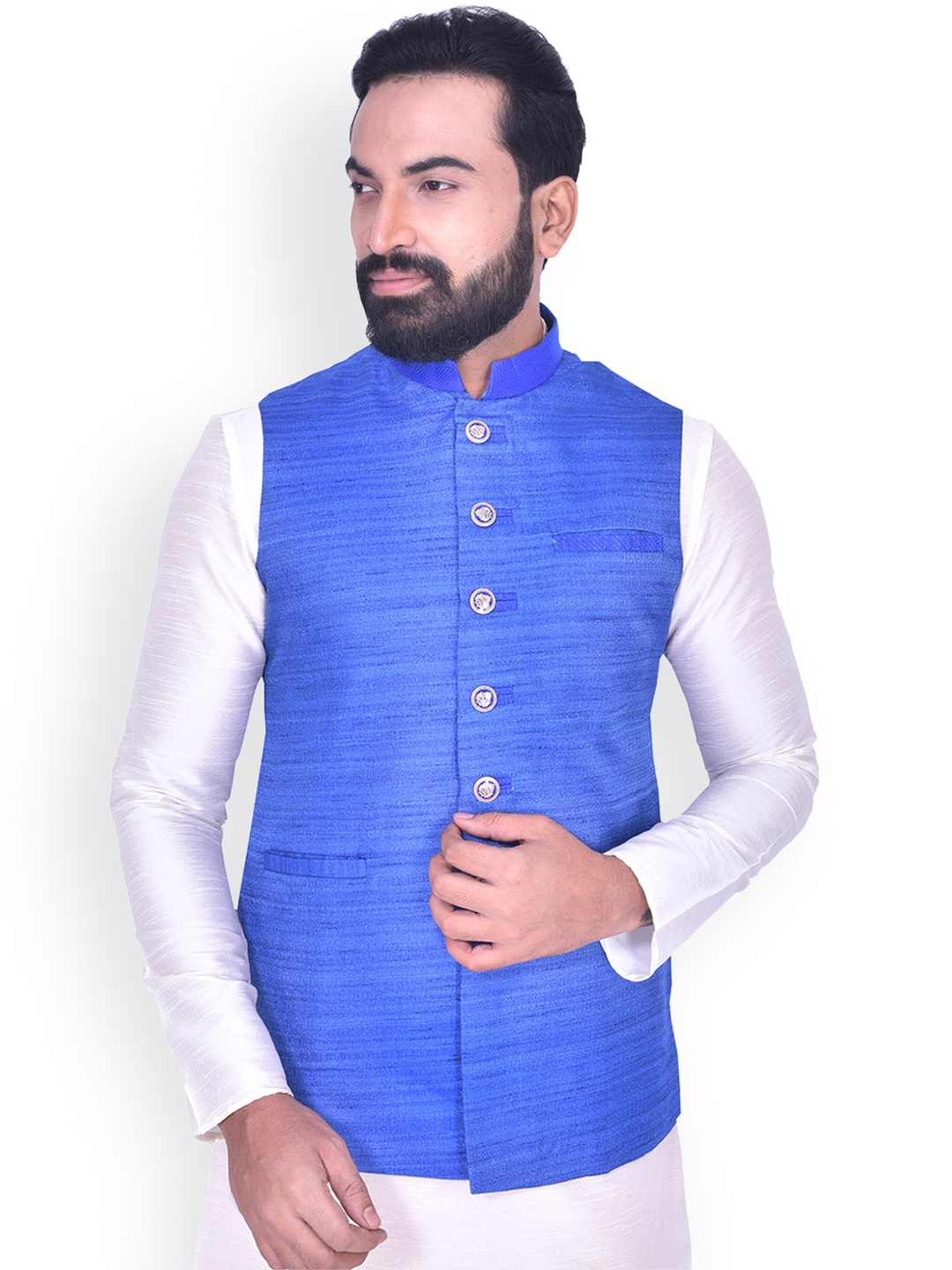 

Manyavar Men Blue Woven Design Nehru Jacket