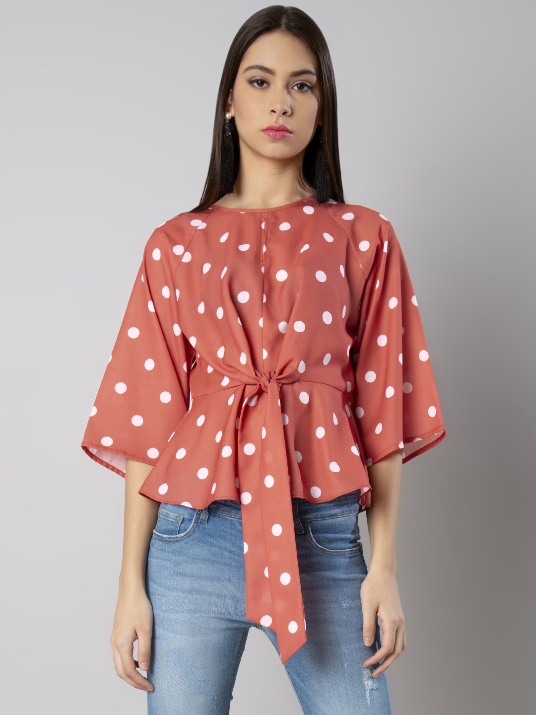 

FabAlley Women Coral Printed Cinched Waist Top