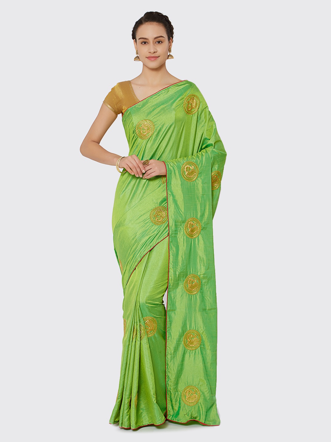 

Kvsfab Lime Green Embroidered Poly Silk Saree