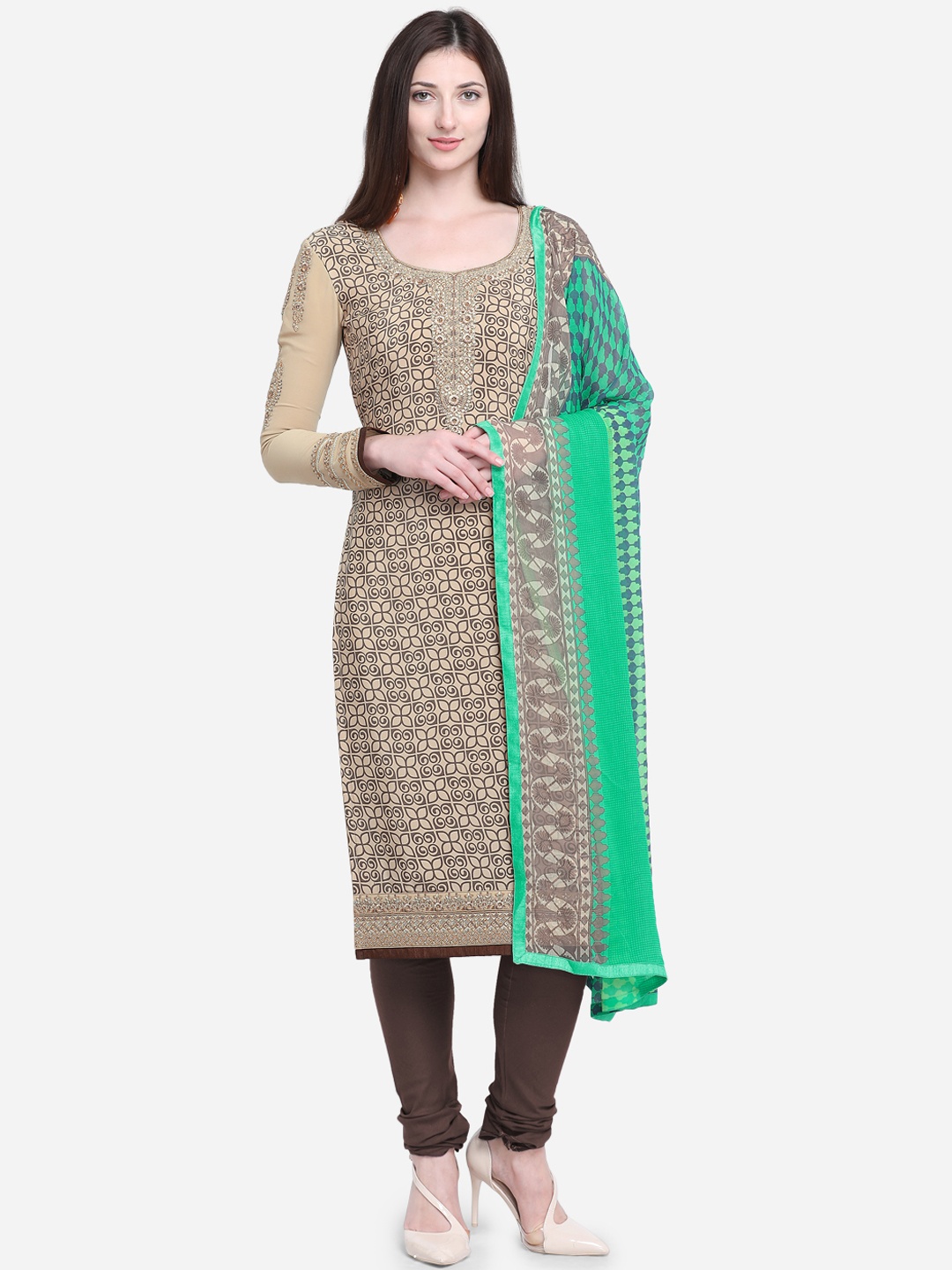 

Stylee LIFESTYLE Beige & Brown Poly Crepe Unstitched Dress Material