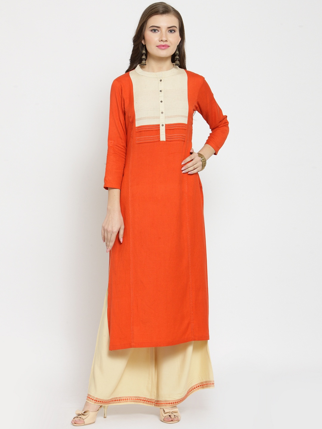 

Kvsfab Women Orange Colourblocked Regular Kurta with Palazzos