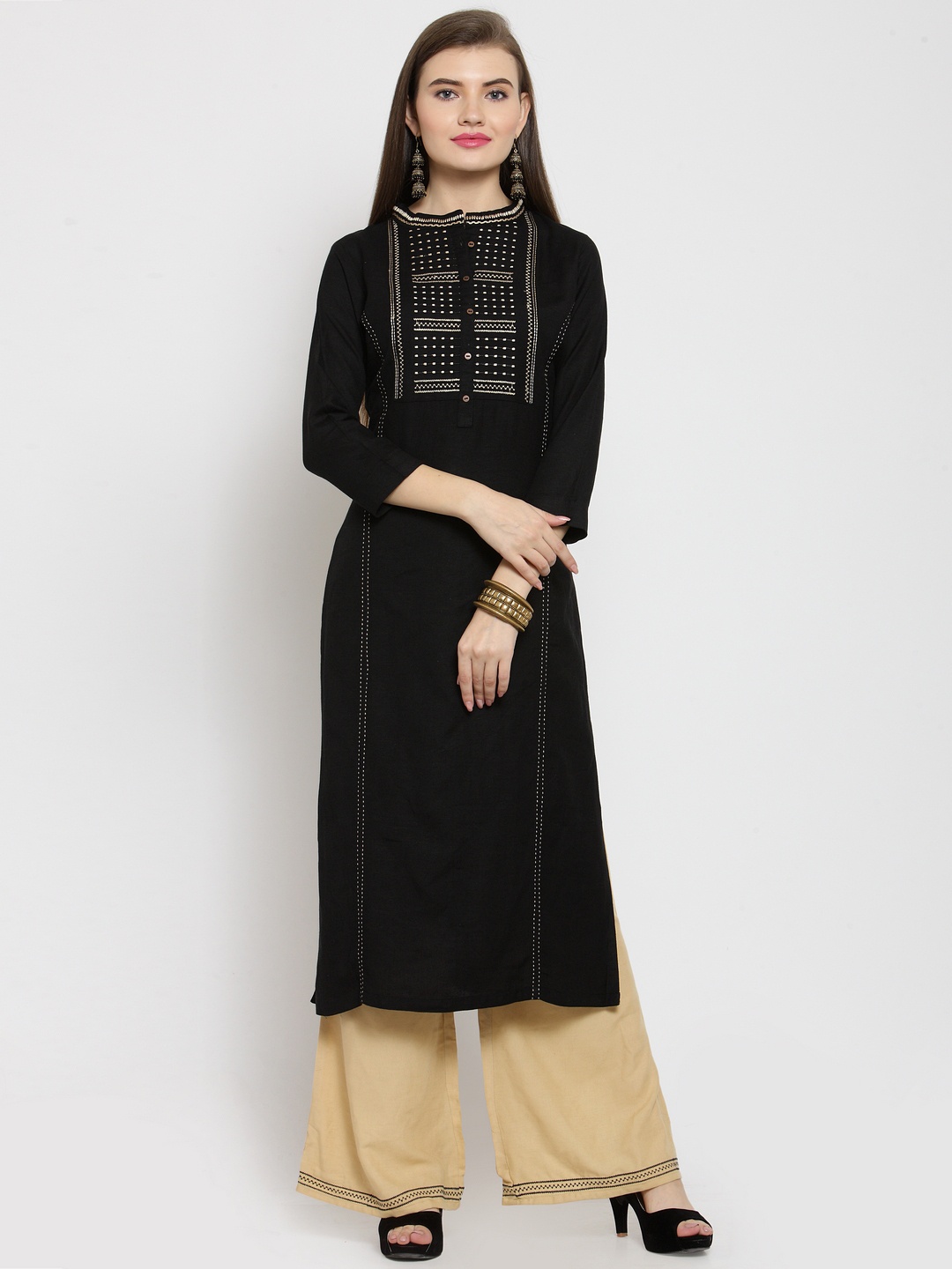 Kvsfab Women Black Embroidered Regular Thread Work Kurta with Palazzos