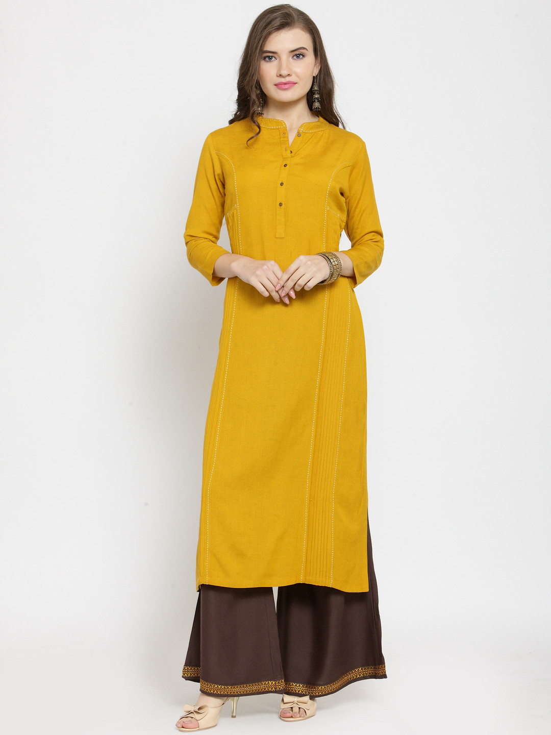 

Kvsfab Women Mustard Yellow Regular Thread Work Kurta with Palazzos