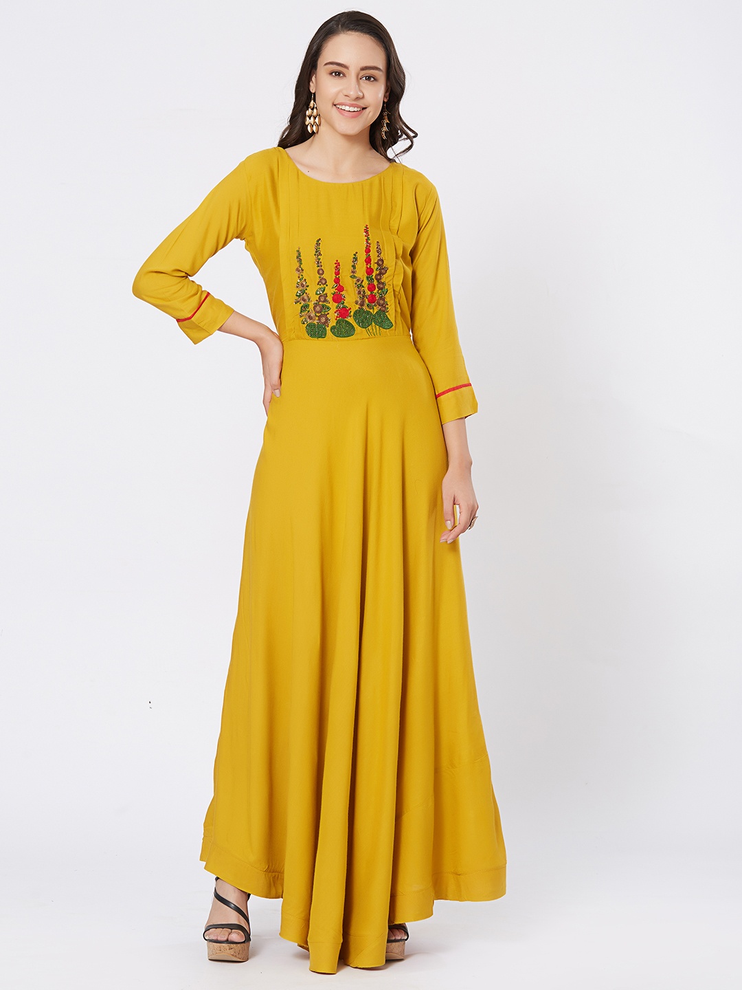 Kvsfab Women Mustard Embroidered A-Line Kurta