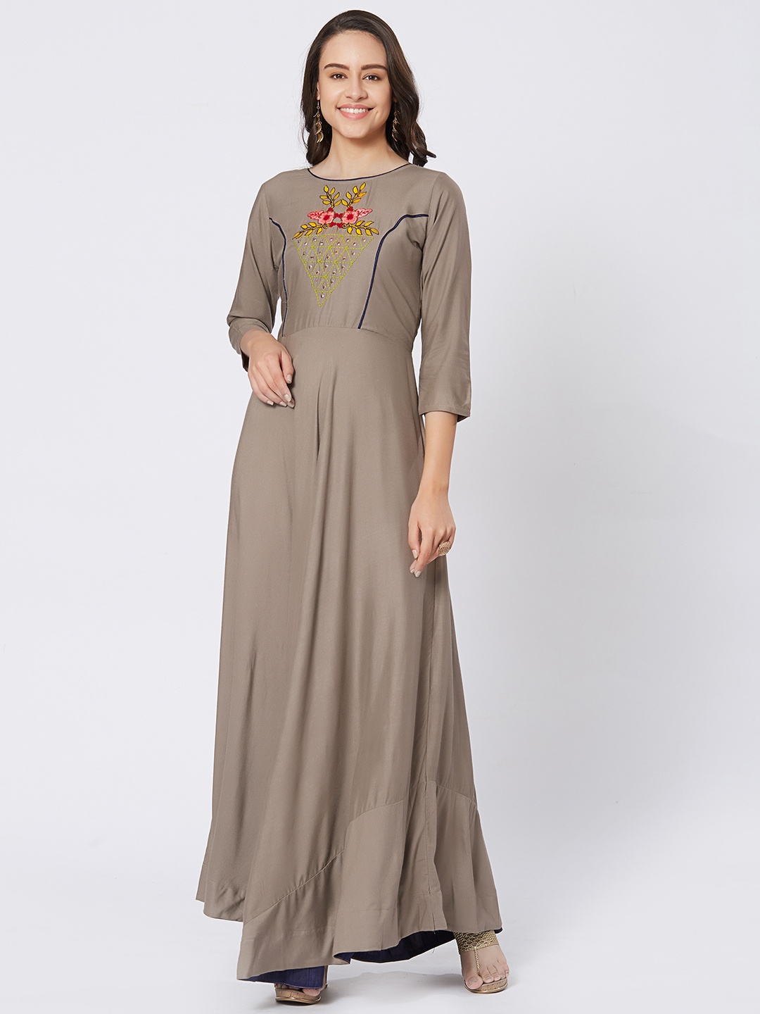 

Kvsfab Women Taupe Embroidered A-Line Kurta