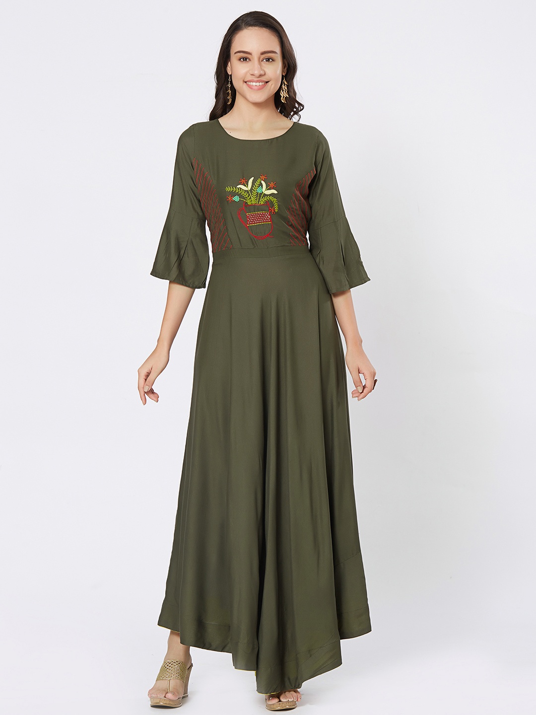 Kvsfab Women Green Embroidered A-Line Kurta