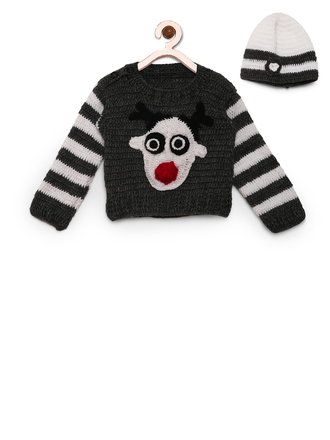 

CHUTPUT Kids Grey Self-Design Woollen Pullover with Beanie