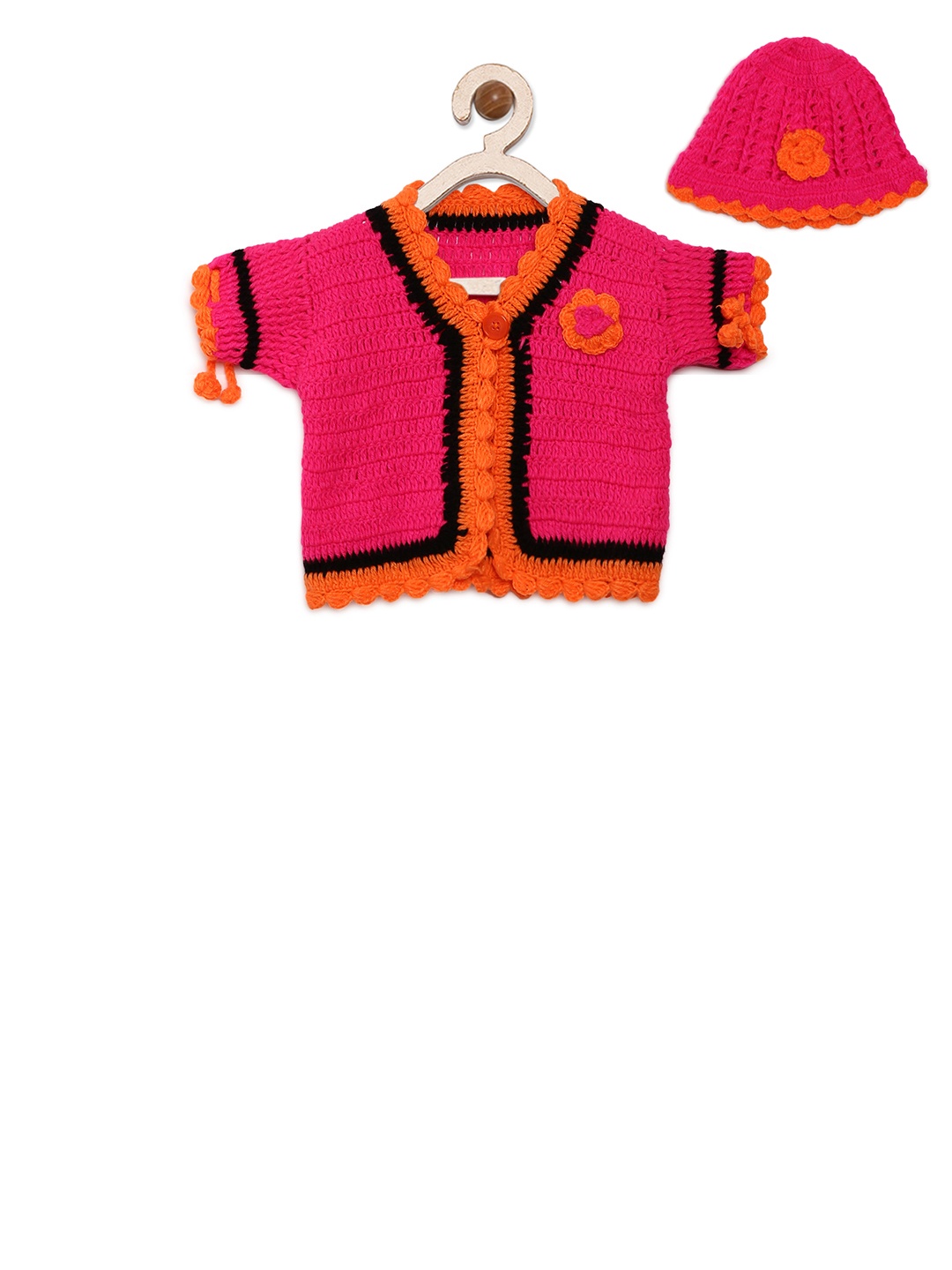 

CHUTPUT Kids Pink & Orange Solid Woollen Cardigan with Beanie