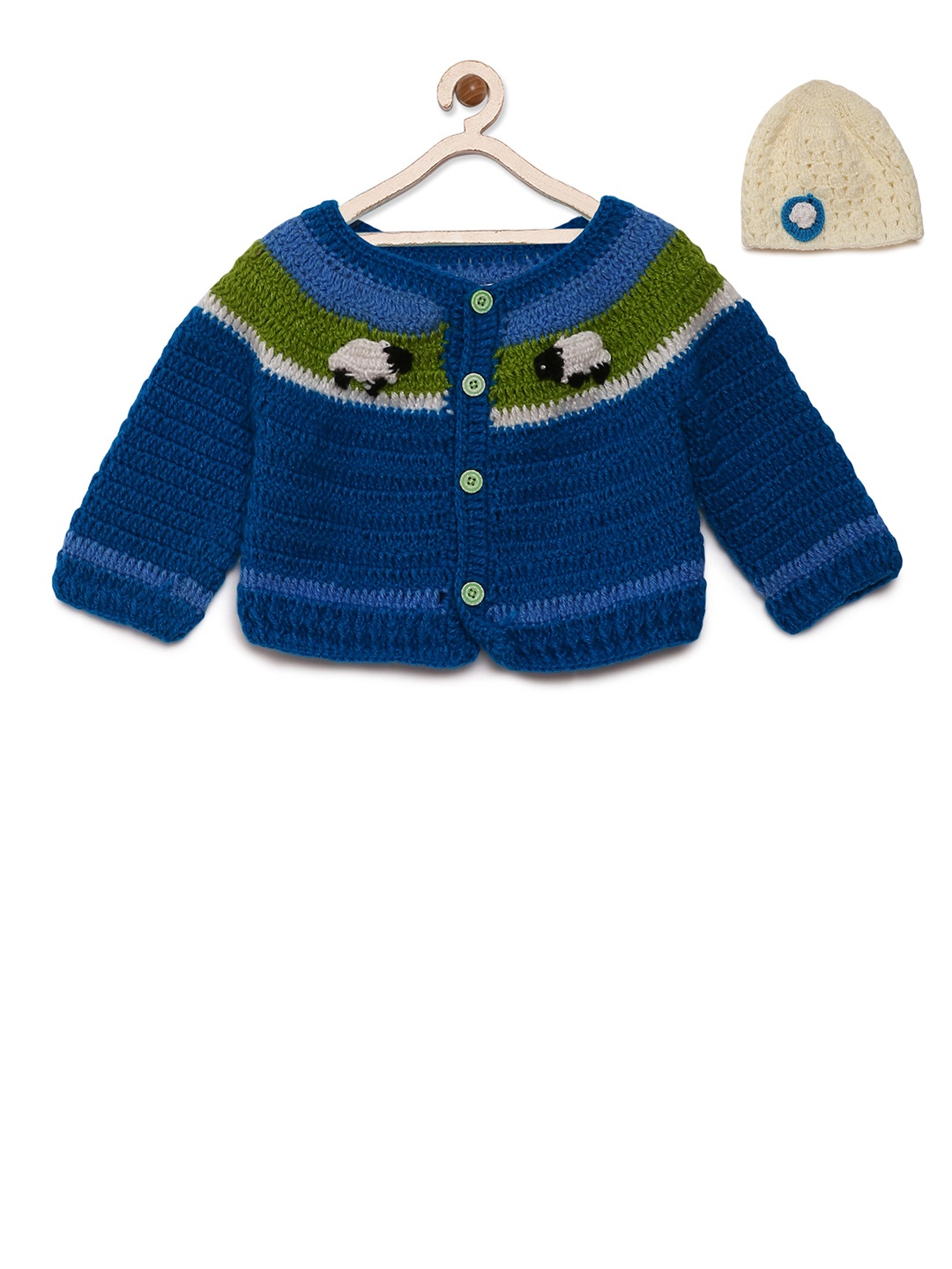 

CHUTPUT Kids Blue & Green Striped Woollen Cardigan with Beanie