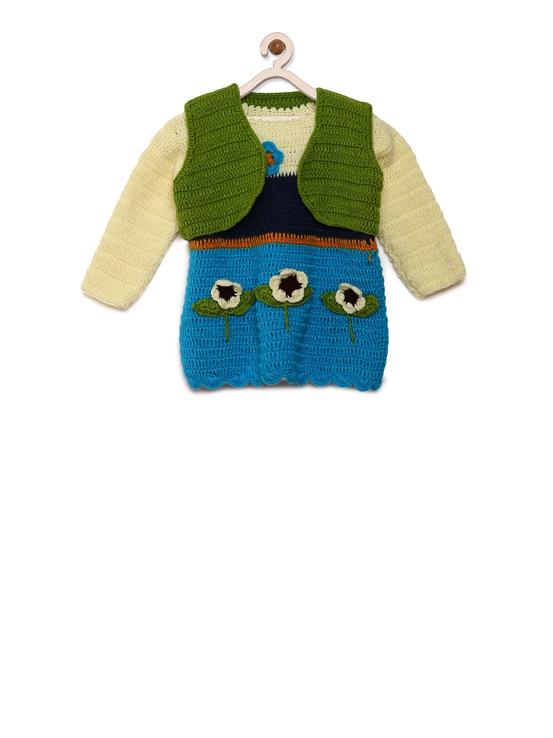 

CHUTPUT Kids Cream-Coloured & Blue Colourblocked Woollen Pullover with Shrug
