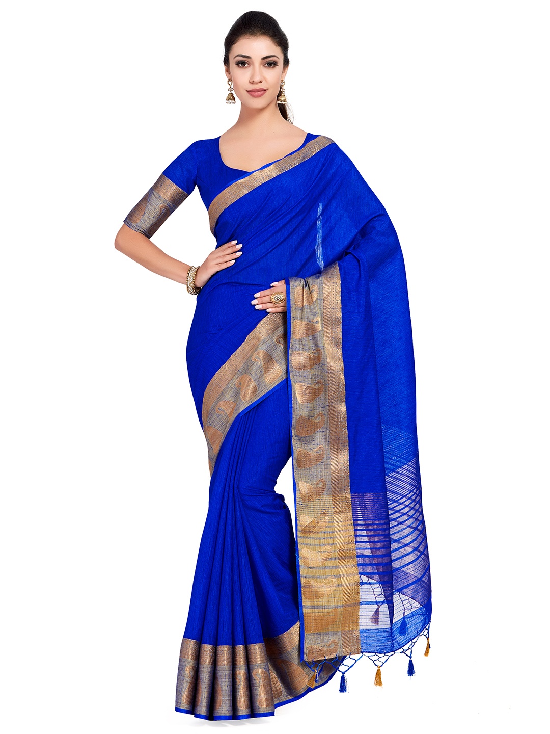 

MIMOSA Blue Linen Blend Solid Kanjeevaram Saree