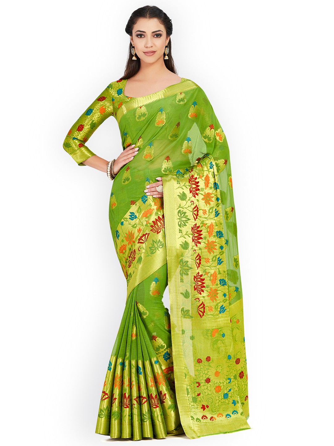 

MIMOSA Green Poly Chiffon Woven Design Kanjeevaram Saree