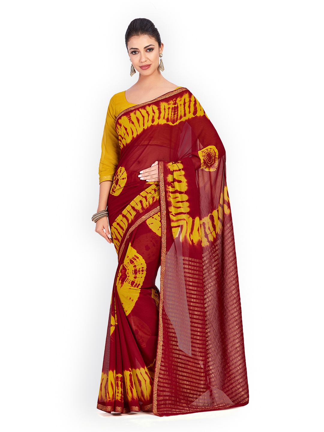 

MIMOSA Maroon & Yellow Poly Chiffon Dyed Banarasi Saree