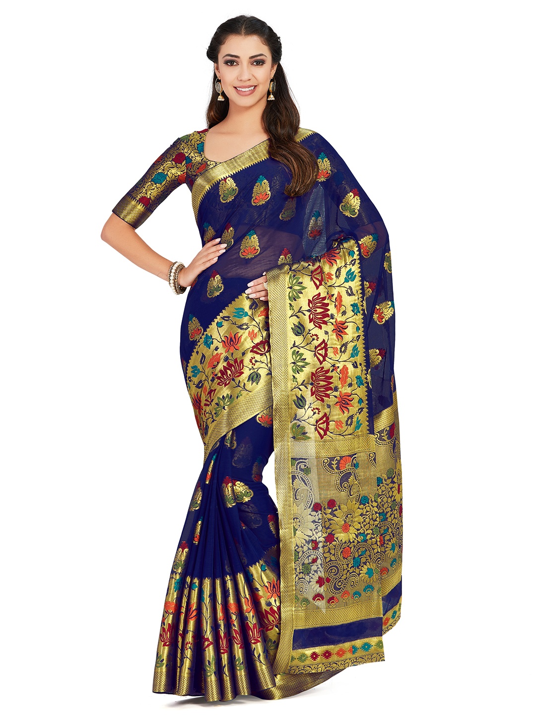 

MIMOSA Navy Blue Poly Chiffon Woven Design Kanjeevaram Saree