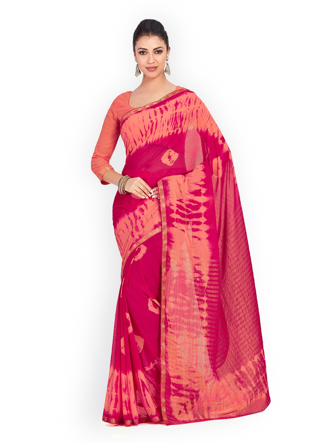 

MIMOSA Pink & Peach-Coloured Poly Chiffon Dyed Banarasi Saree