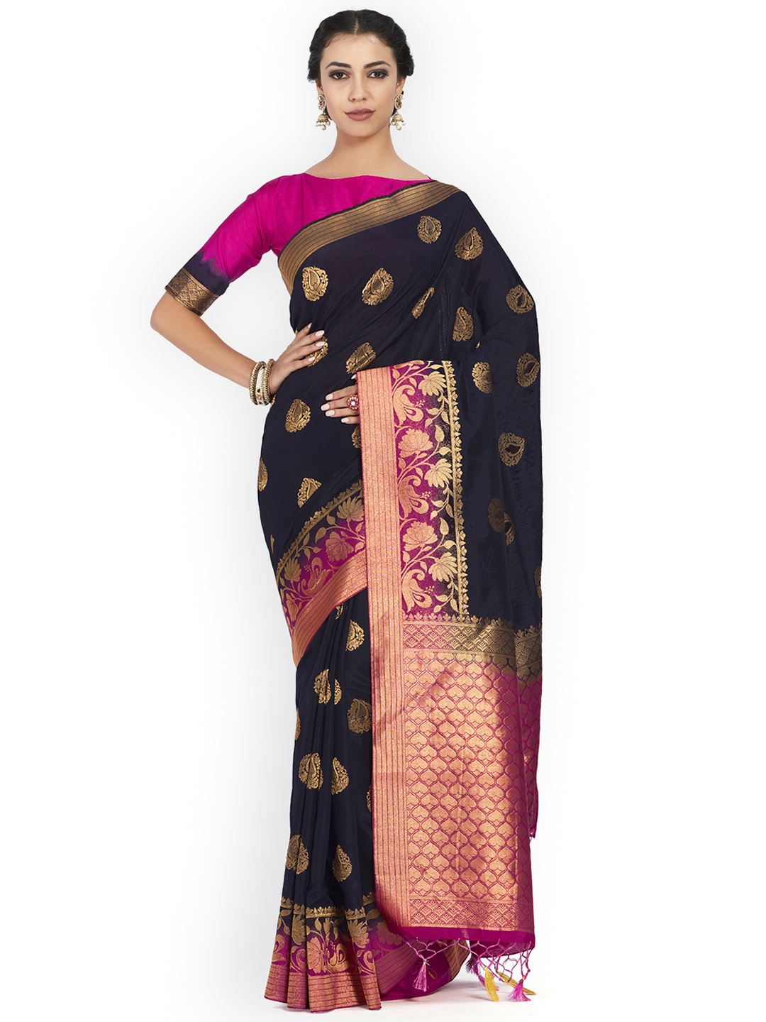 

MIMOSA Navy Blue & Pink Art Silk Woven Design Kanjeevaram Saree