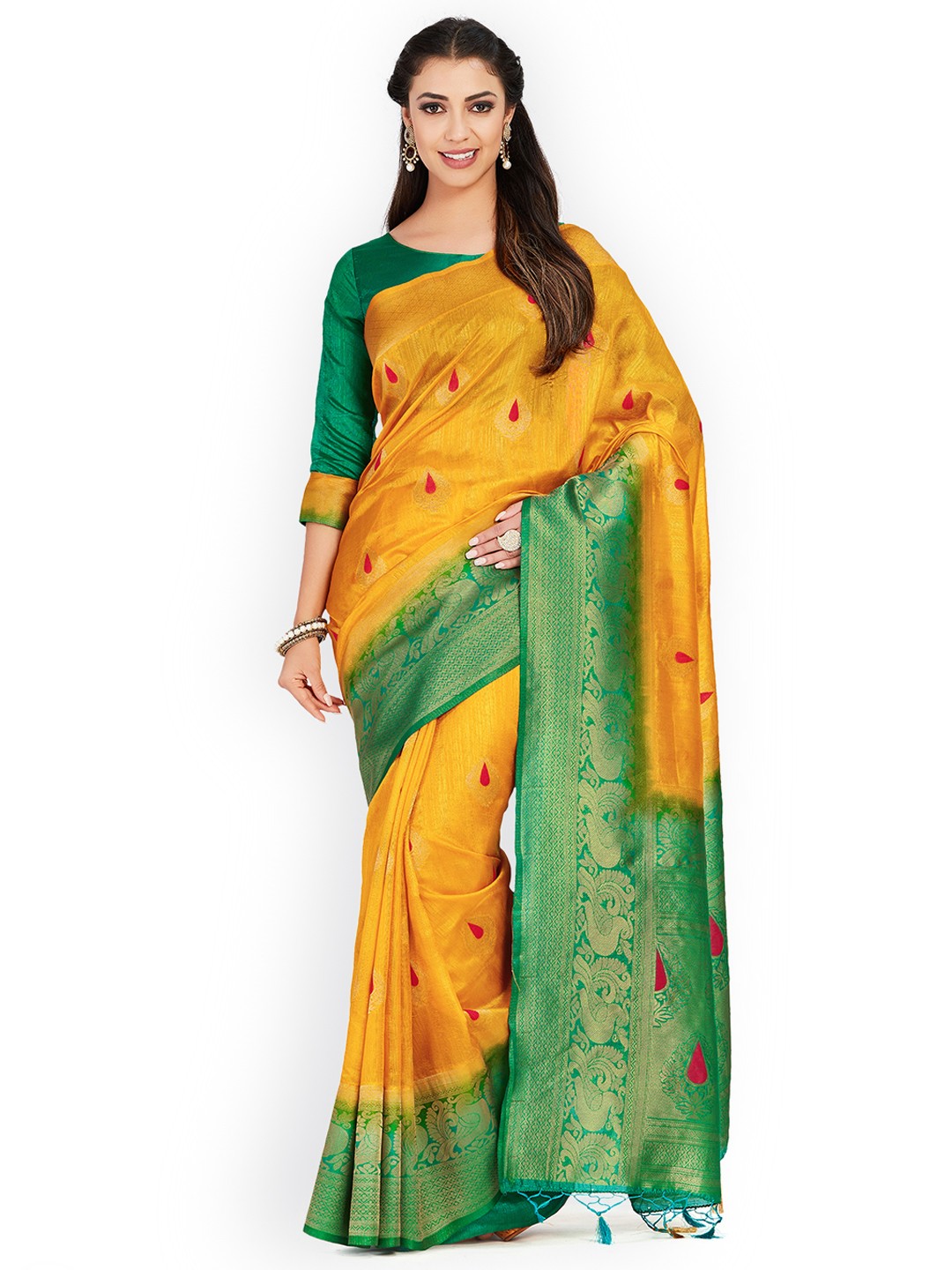 

MIMOSA Mustard Yellow & Green Art Silk Woven Design Kanjeevaram Saree