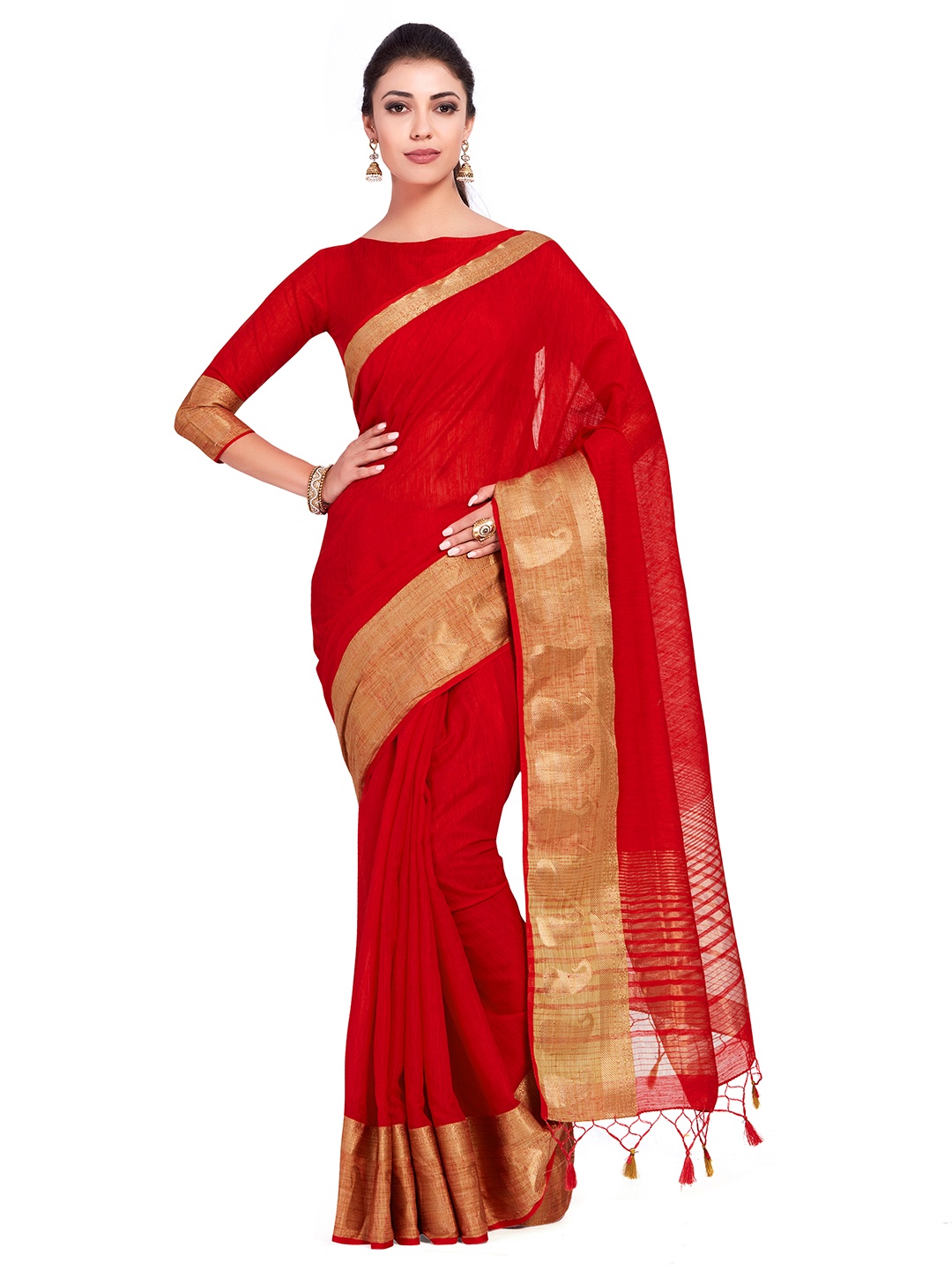 

MIMOSA Red Linen Blend Solid Kanjeevaram Saree