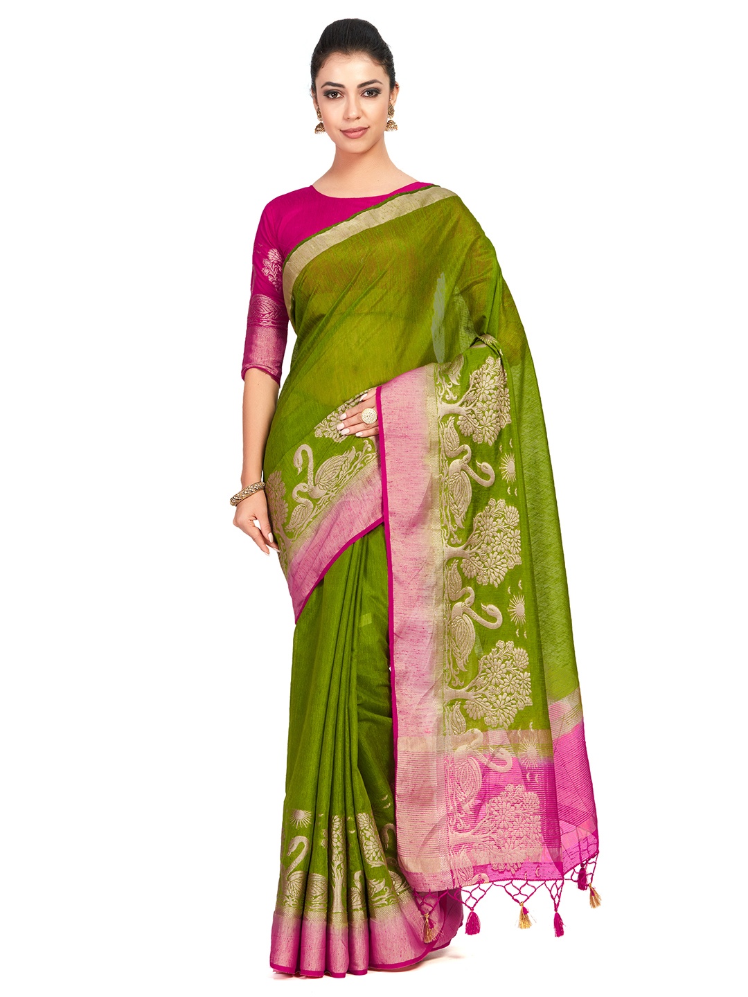

MIMOSA Olive Green Linen Blend Woven Design Kanjeevaram Saree