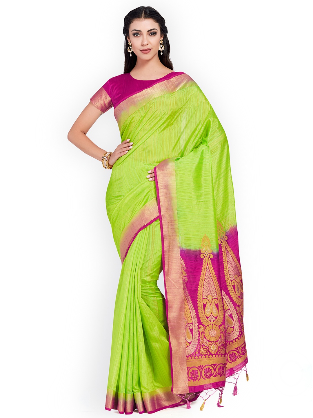 

MIMOSA Green & Pink Art Silk Solid Kanjeevaram Saree