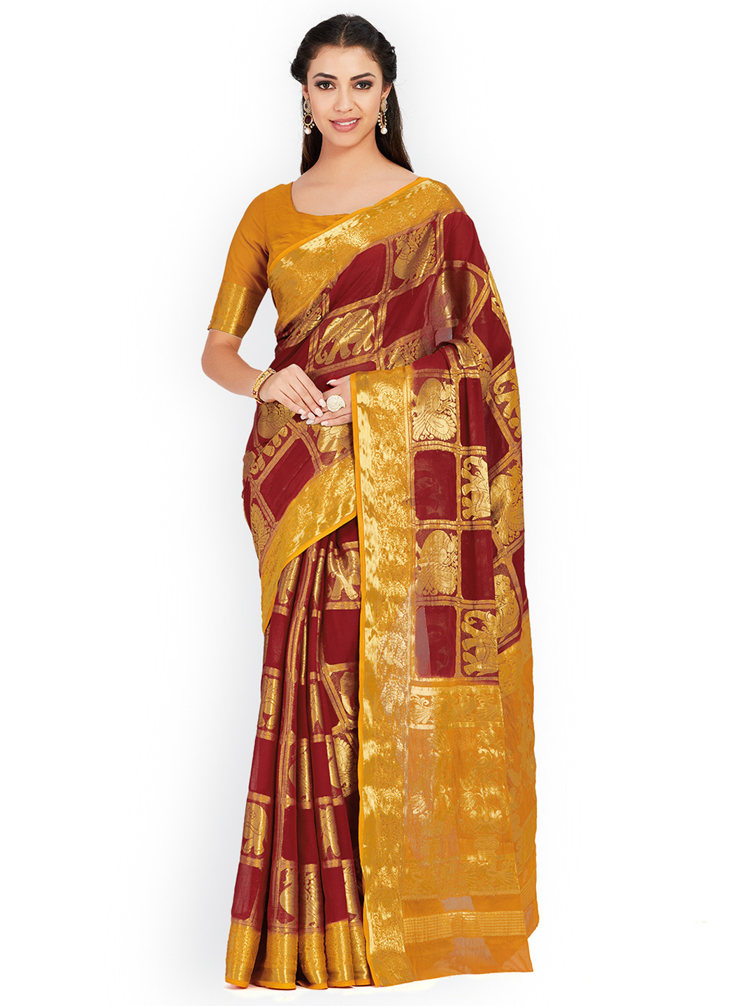 

MIMOSA Maroon Poly Chiffon Woven Design Kanjeevaram Saree