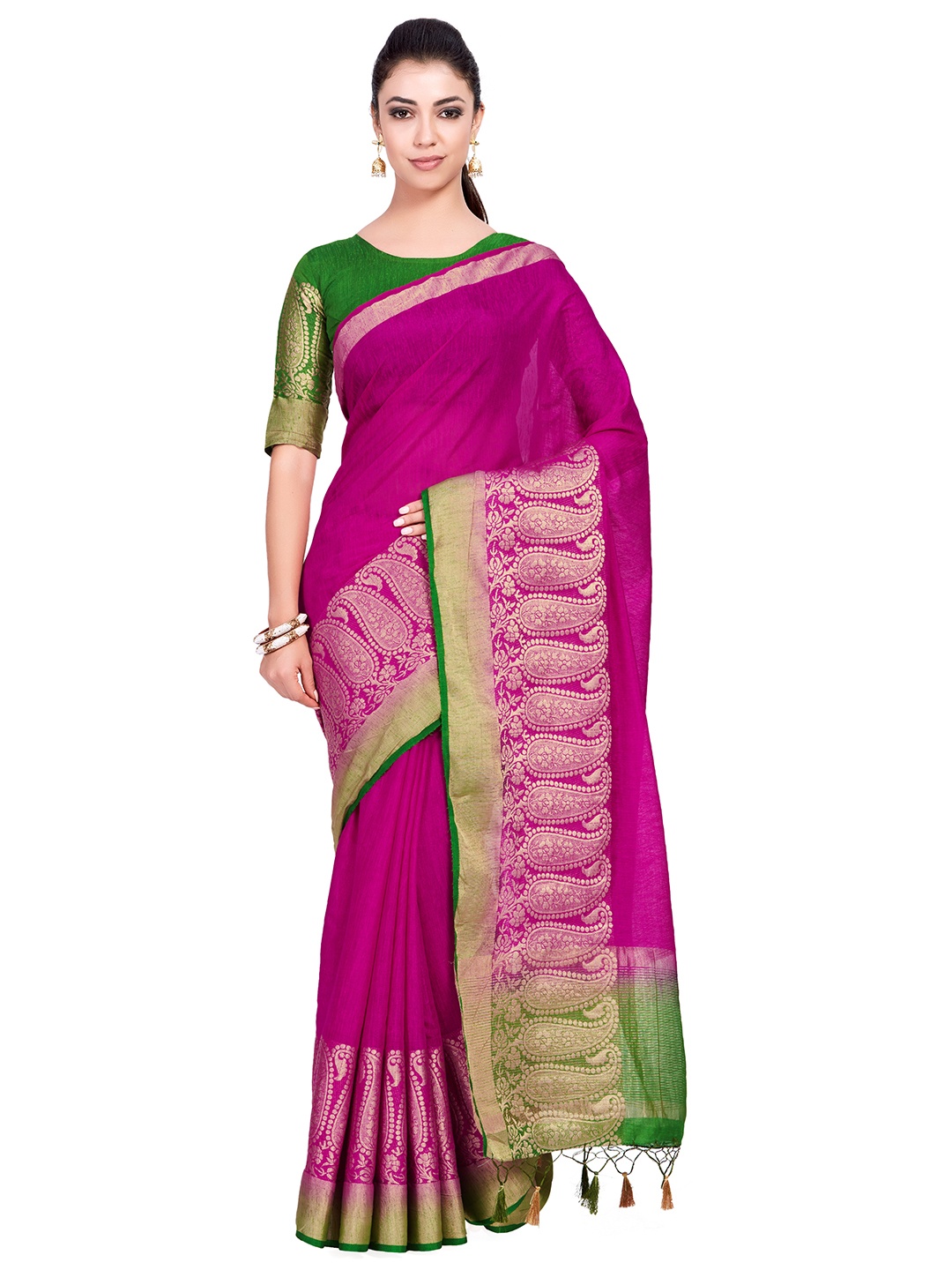 

MIMOSA Magenta Linen Blend Woven Design Kanjeevaram Saree