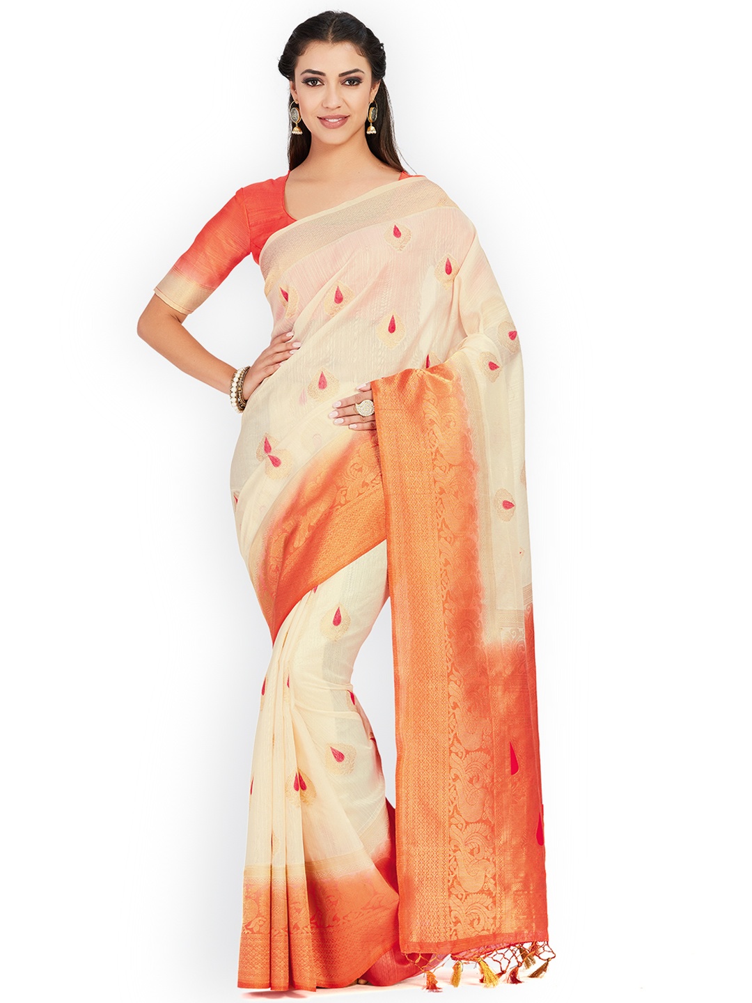 

MIMOSA Off-White Art Silk Woven Design Kanjeevaram Saree