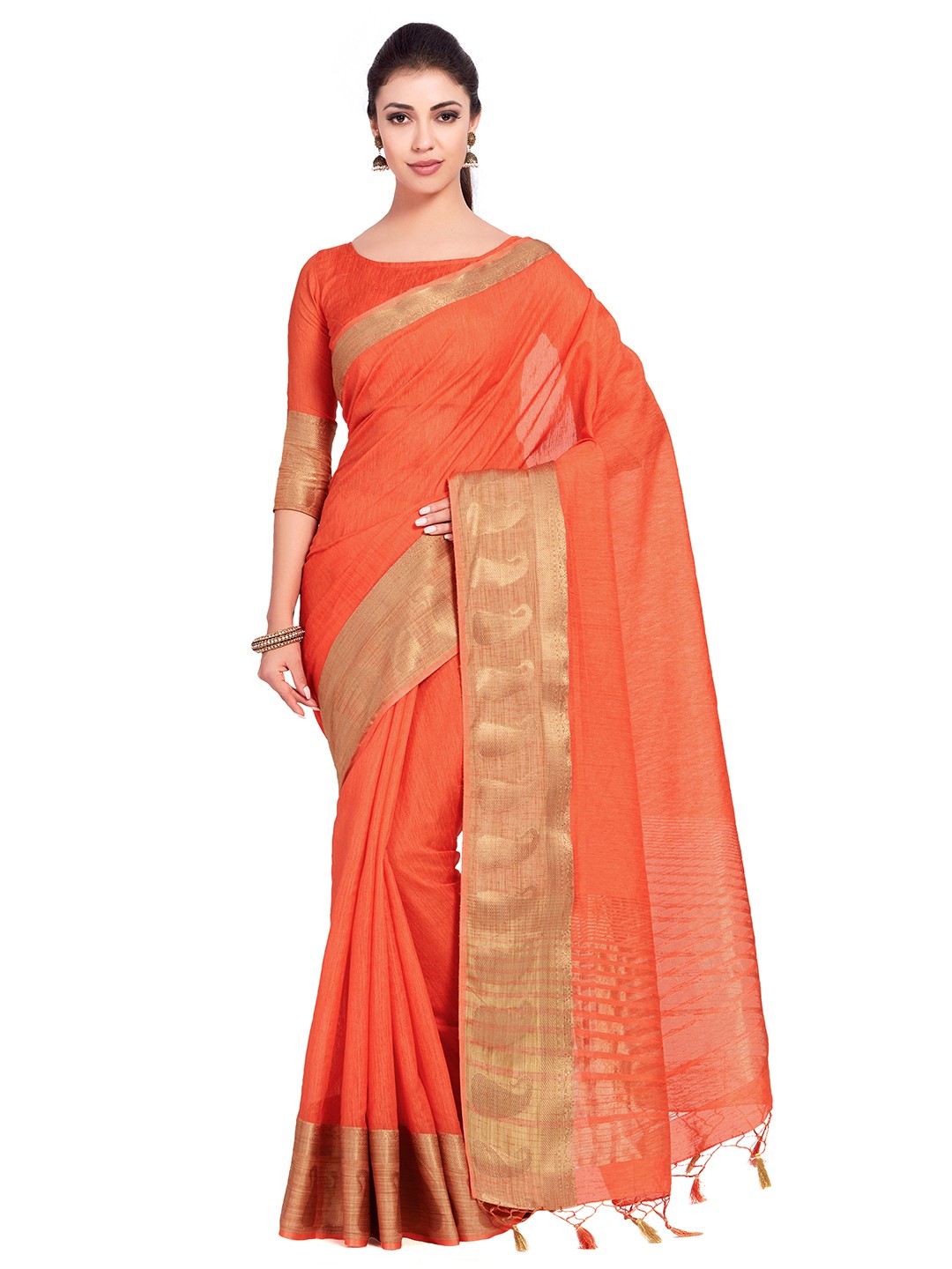 

MIMOSA Orange Linen Blend Solid Kanjeevaram Saree