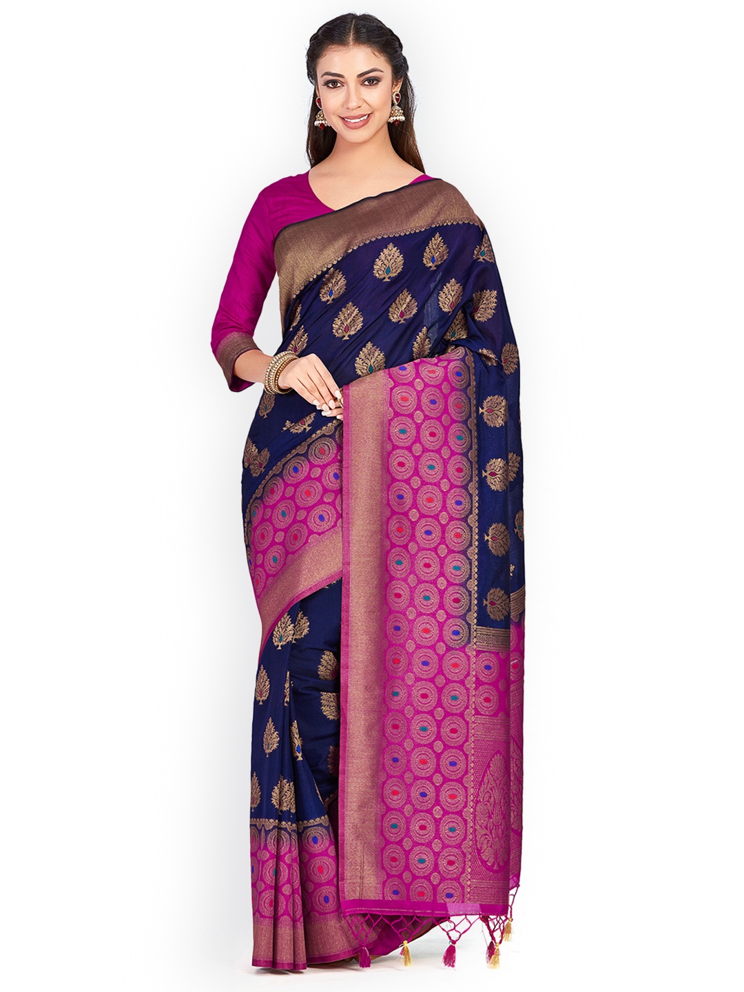MIMOSA Navy Blue Art Silk Woven Design Kanjeevaram Saree