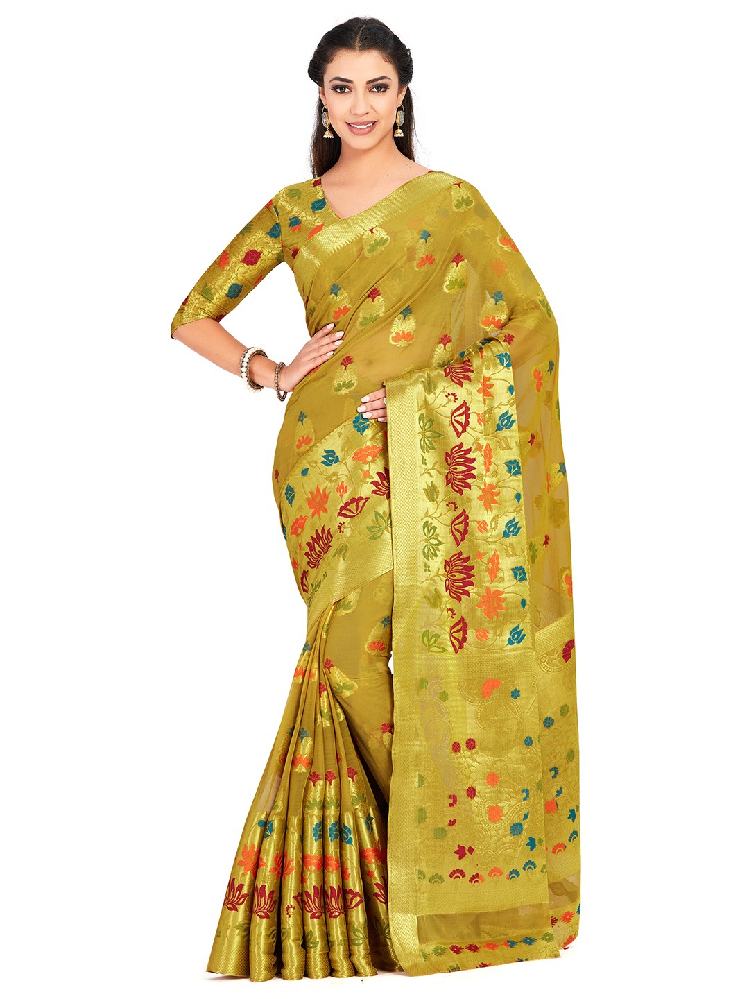 

MIMOSA Mustard Yellow Poly Chiffon Woven Design Kanjeevaram Saree