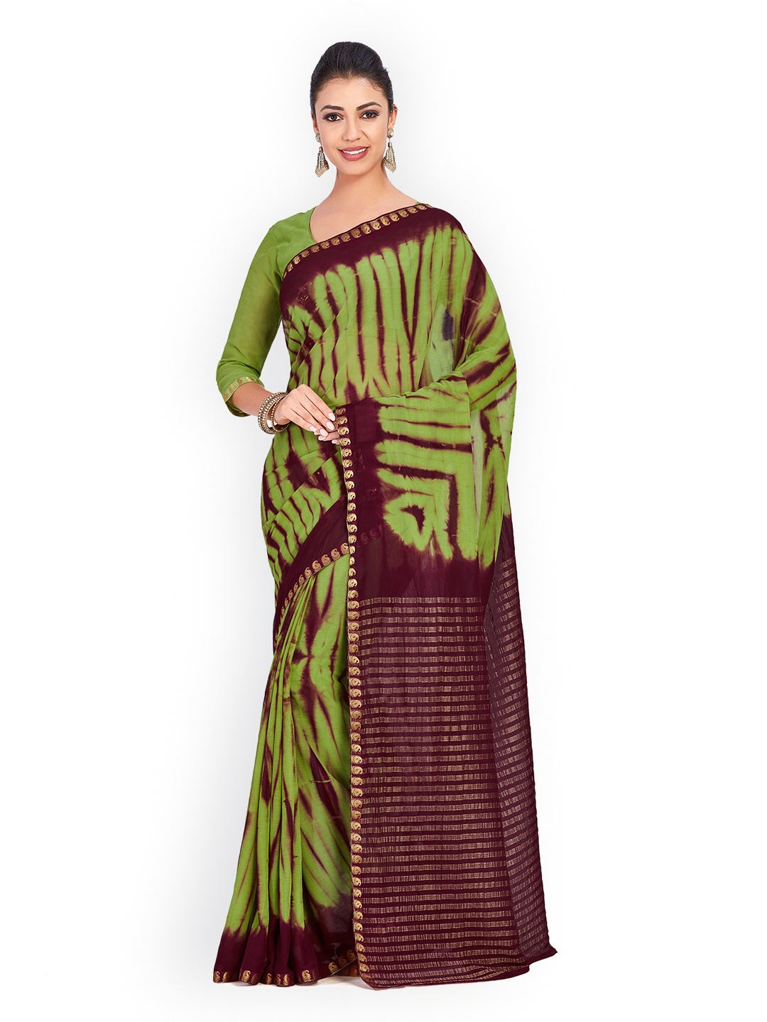 

MIMOSA Green & Maroon Poly Chiffon Dyed Banarasi Saree