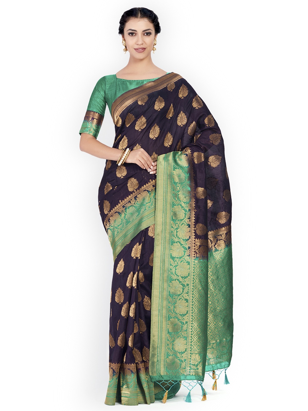 

MIMOSA Navy Blue & Sea Green Art Silk Woven Design Kanjeevaram Saree
