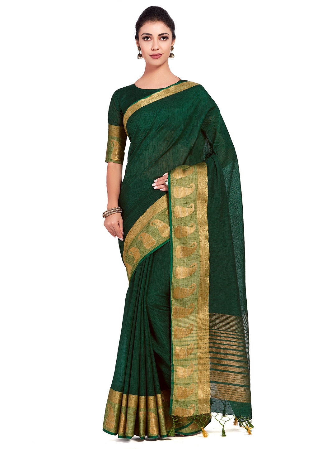 

MIMOSA Green Linen Blend Solid Kanjeevaram Saree