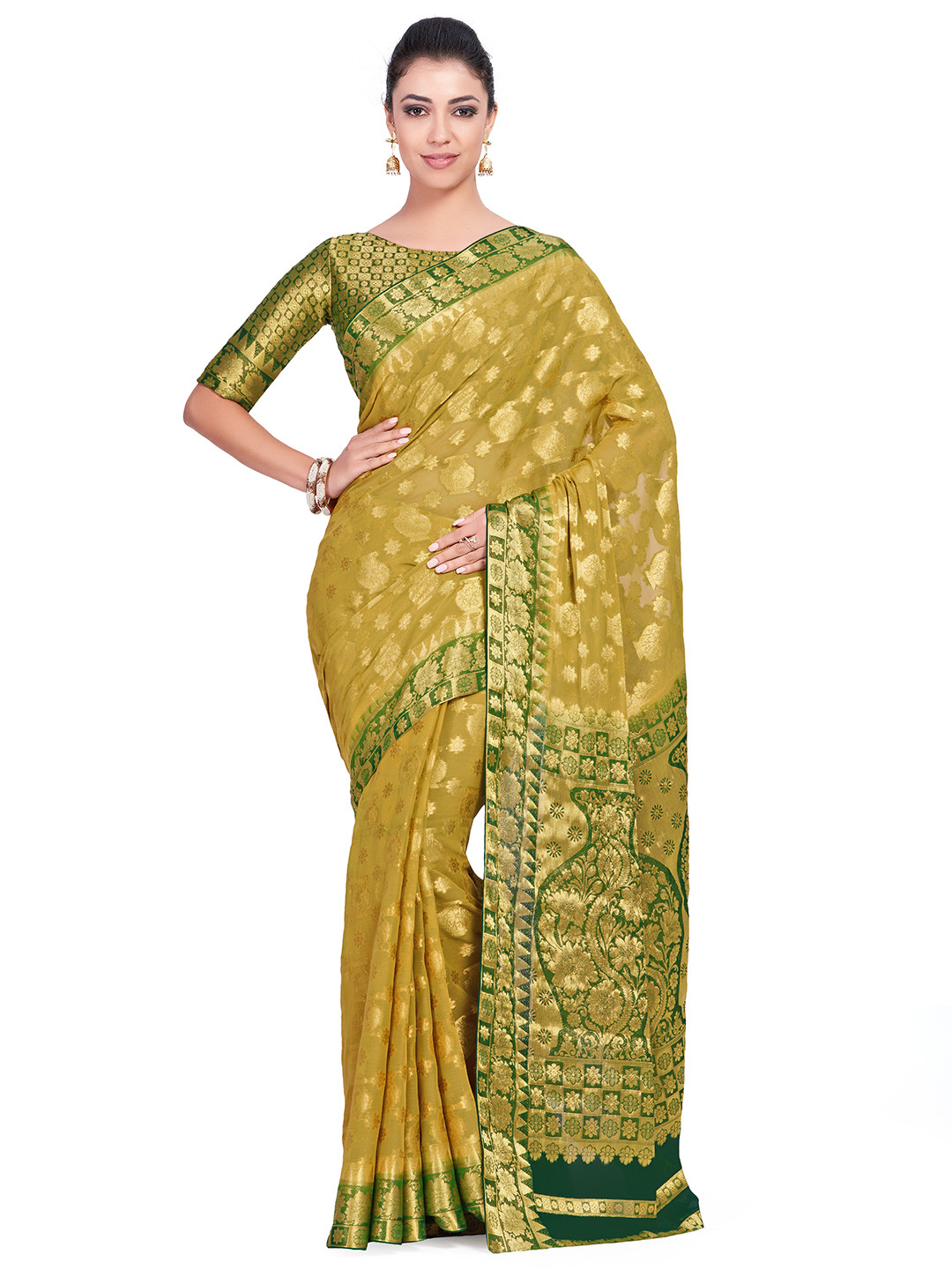 

MIMOSA Yellow Poly Chiffon Woven Design Kanjeevaram Saree