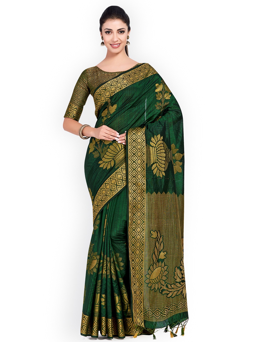 MIMOSA Green & Gold-Coloured Art Silk Woven Design Kanjeevaram Saree