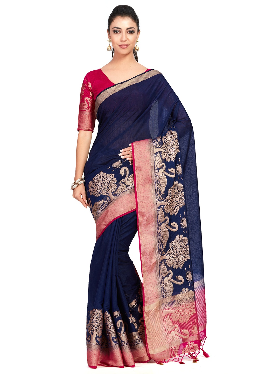 

MIMOSA Navy Blue Linen Blend Woven Design Kanjeevaram Saree
